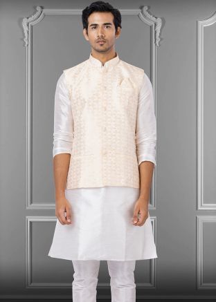 Peach & White Nehru Jacket With Woven Work