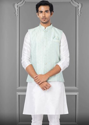 Blue Woven Mens Nehru Jacket In Jacquard
