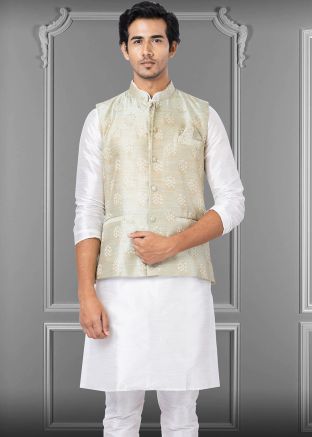 Green Woven Readymade Nehru Jacket