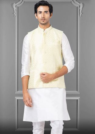 Cream Foil Printed Mens Nehru Jacket