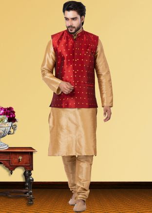 Golden Dupion Silk Kurta Pajama With Jacket