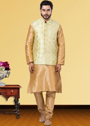 Mens Golden Kurta Pajama With Jacket