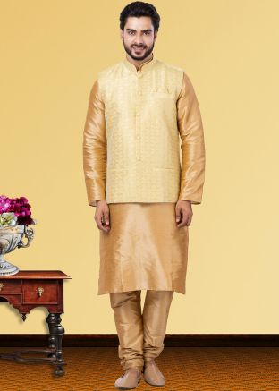 Golden Kurta & Pajama With Woven Jacket