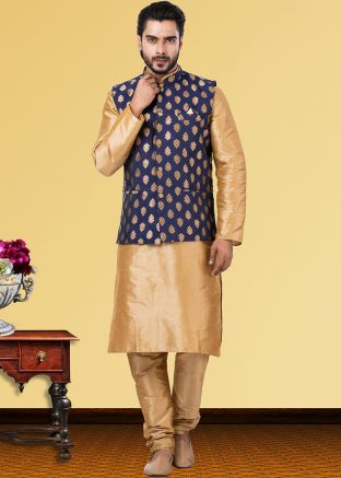 Golden Dupion Silk Mens Kurta Pajama With Jacket