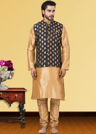 Mens Golden Kurta & Pajama With Jacket
