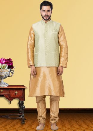 Golden Dupion Silk Kurta Pajama With Jacket