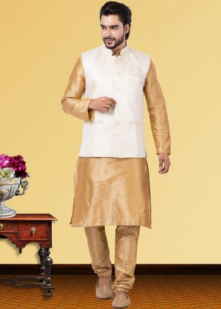 Mens Golden Dupion Kurta & Pajama With Jacket