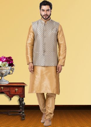 Golden Kurta Pajama With Woven Jacket