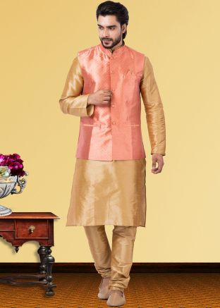 Readymade Golden Mens Kurta Pajama With Jacket
