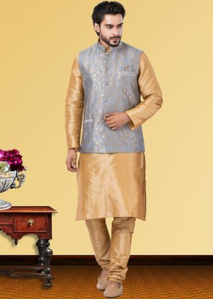Golden Readymade Kurta Pajama With Jacket 