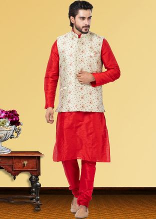 Readymade Red Kurta Pajama With Woven Jacket