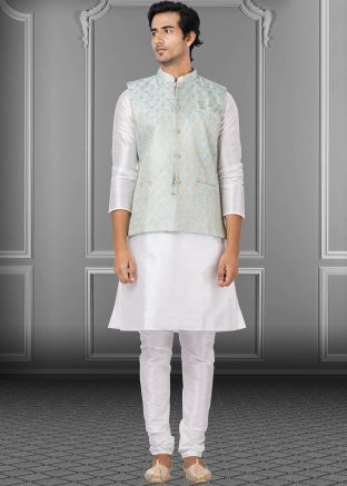 White Mens Kurta Pajama With Jacket