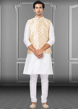 White Dupion Silk Kurta Pajama With Jacket