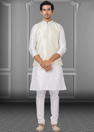White Mens Kurta Pajama With Linen Jacket