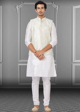 White Mens Kurta Pajama With Jacket