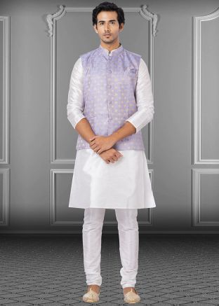 Readymade White Kurta Pajama With Woven Jacket 