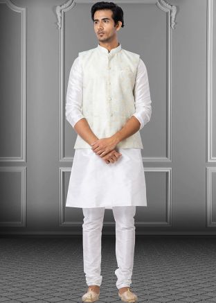 Mens White Kurta Pajama With Printed Jacket
