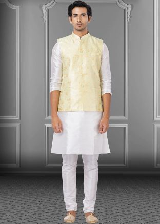 White Dupion Silk Kurta Pajama With Woven Jacket