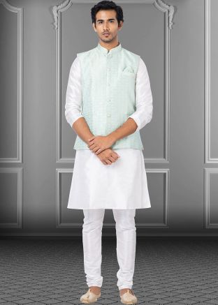 White Dupion Silk Kurta & Pajama With Jacket