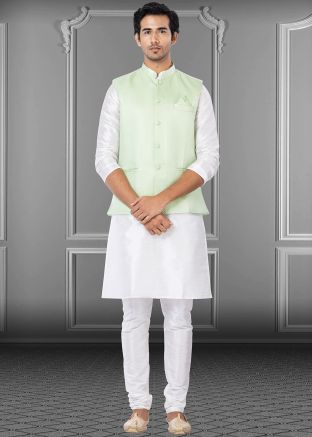 White Mens Kurta Pajama With Nehru Jacket