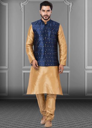 Beige Men Dupion Silk Kurta Pajama With Jacket