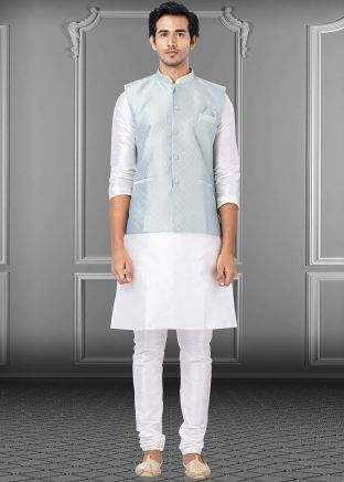 White Plain Kurta & Pajama With Woven Jacket