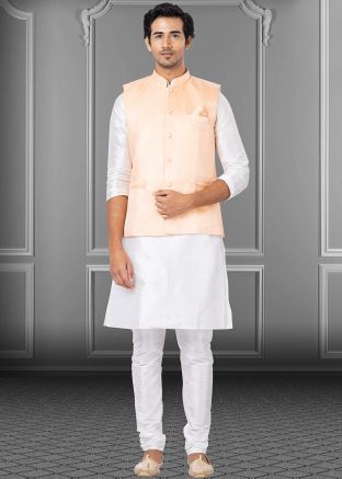 White Dupion Silk Kurta Pajama With Jacket