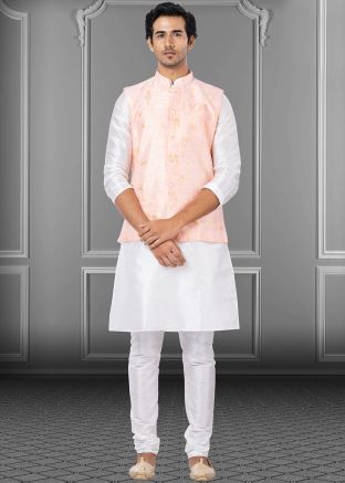 White Mens Plain Kurta Pajama With Woven Jacket