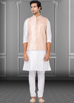Readymade White Kurta Pajama With Woven Jacket 