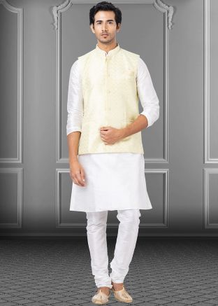 White Kurta Pajama With Cream Jacket