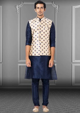 Blue Mens Kurta Pajama With Woven Jacket