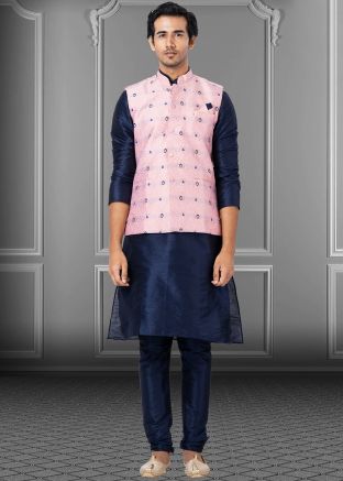 Readymade Blue Dupion Silk Kurta Pajama With Jacket