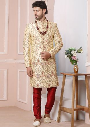 Cream Zari Embroidered Readymade Mens Sherwani