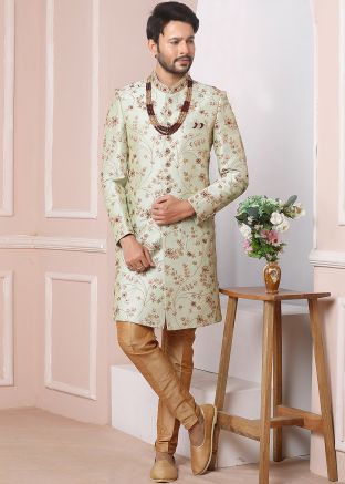 Green Zari Embroidered Readymade Groom Sherwani