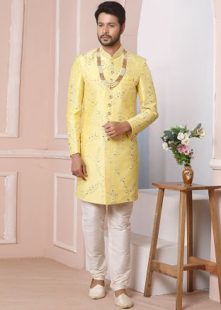 Yellow Zari Embroidered Readymade Sherwani In Art Silk