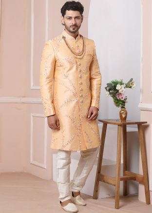 Peach Zari Embroidered Readymade Sherwani In Art Silk