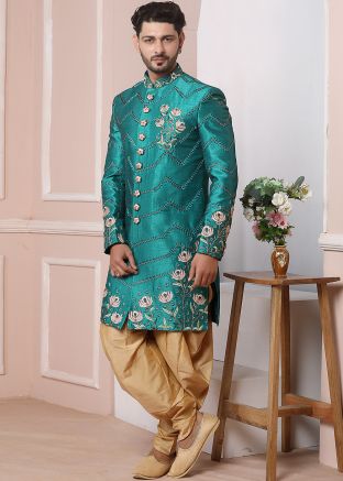 Readymade Green Embroidered Silk Sherwani With Dhoti