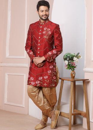 Readymade Red Embroidered Silk Sherwani With Dhoti