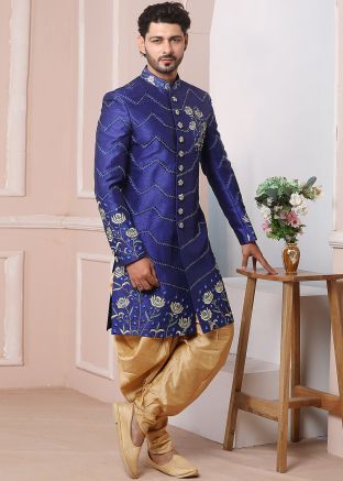 Readymade Blue Art Silk Sherwani With Dhoti Set