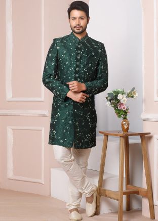 Green Readymade Sherwani With Resham Embroidery
