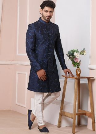 Blue Readymade Sherwani With Resham Embroidery