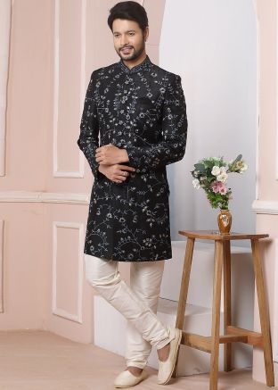 Black Readymade Sherwani With Resham Embroidery