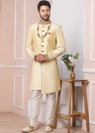 Cream Asymmetric Readymade Sherwani In Silk
