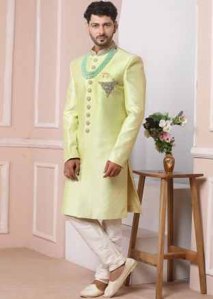 Green Readymade Indo Western Sherwani For Groom