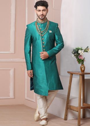 Readymade Green Indo Western Asymmetric Sherwani