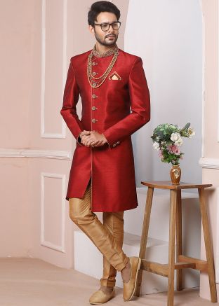 Red Readymade Indo Western Asymmetric Sherwani
