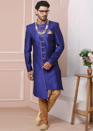 Blue Readymade Indo Western Asymmetric Sherwani