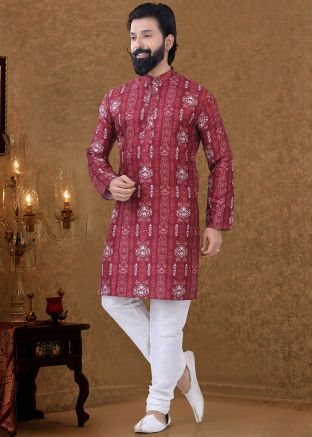 Maroon Cotton Printed Readymade Kurta Pyjama
