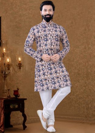 Blue Printed Readymade Mens Cotton Kurta Pajama