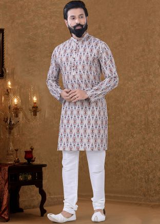 Grey Cotton Printed Readymade Kurta Pyjama